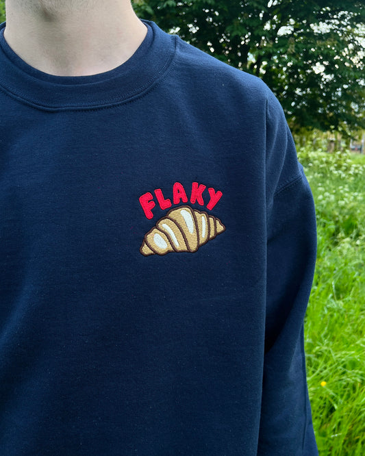 Unisex Flaky Croissant Embroidered Navy Sweatshirt