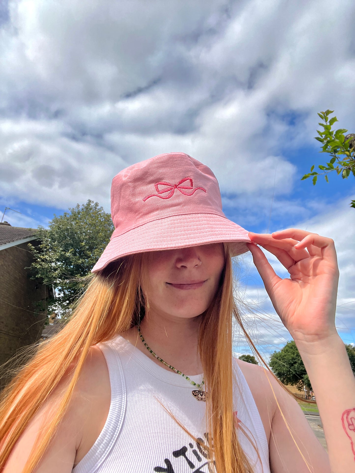 Unisex Pink Bow Embroidered Bucket Hat