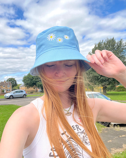 Unisex Blue Daisy Embroidered Bucket Hat