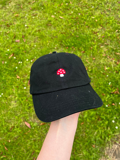 Unisex Black Mini Mushroon Embroidered Cap