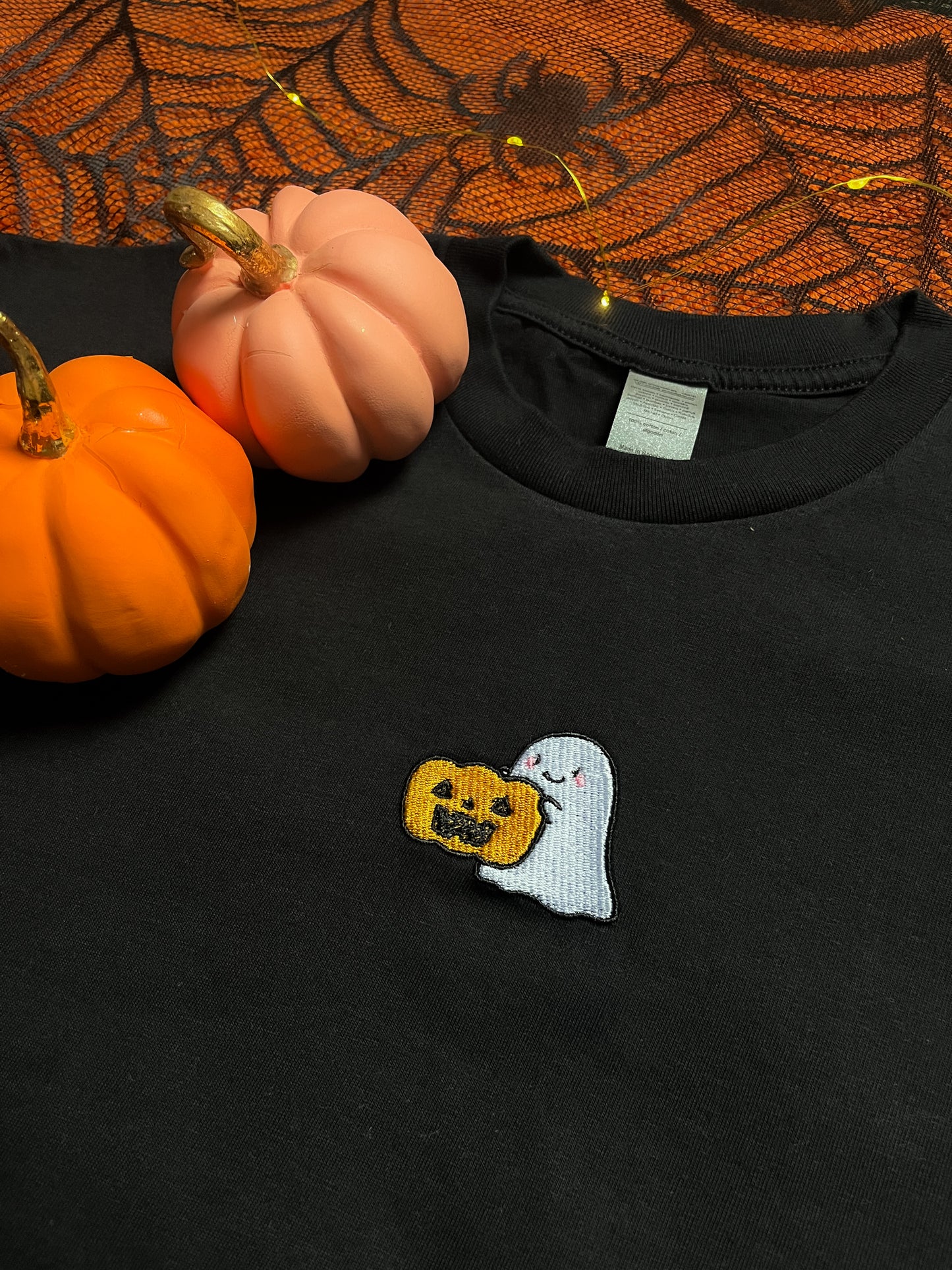 Pumpkin Ghost Embroidered Unisex Black T-Shirt